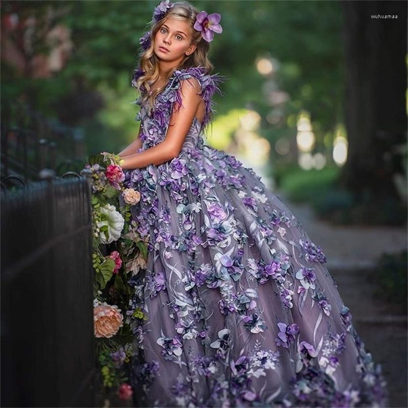 

Girl Dresses Flower For Wedding Junior Bridesmaid Dress With 3D Floral Appliques Pageant Gowns Custom Made Birthday Party, Beige