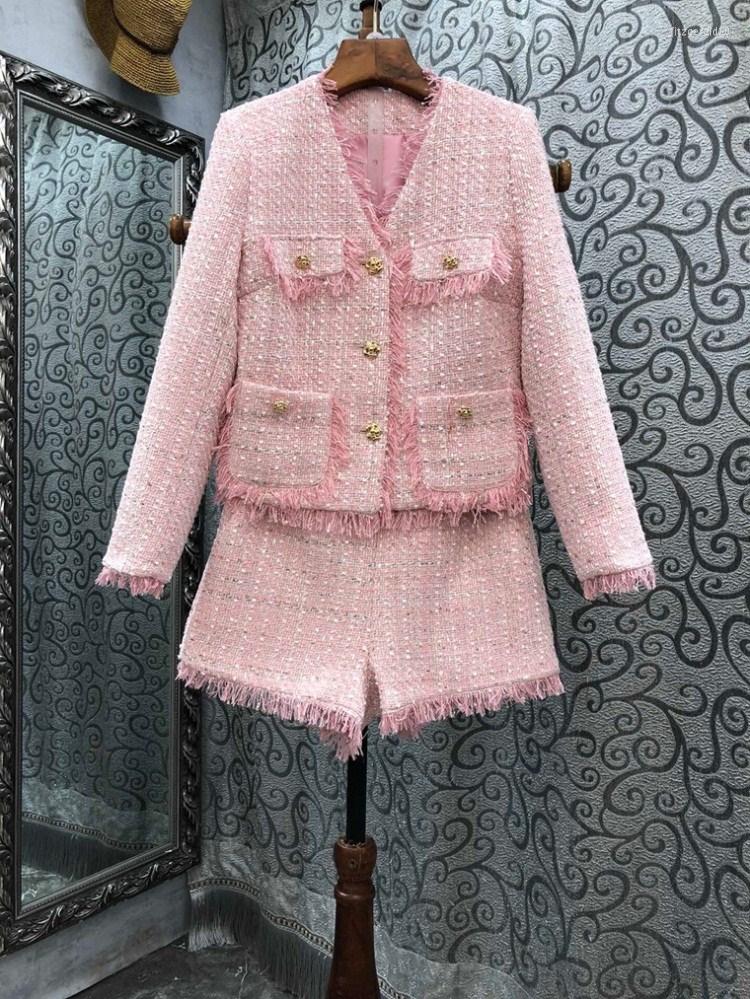 

Women' Tracksuits Top Quality 2022 Autumn Winter 2 Piece Wool Sets Women V-Neck Pocket Deco Long Sleeve Blend Coats Tassel Short Set, Picture shown