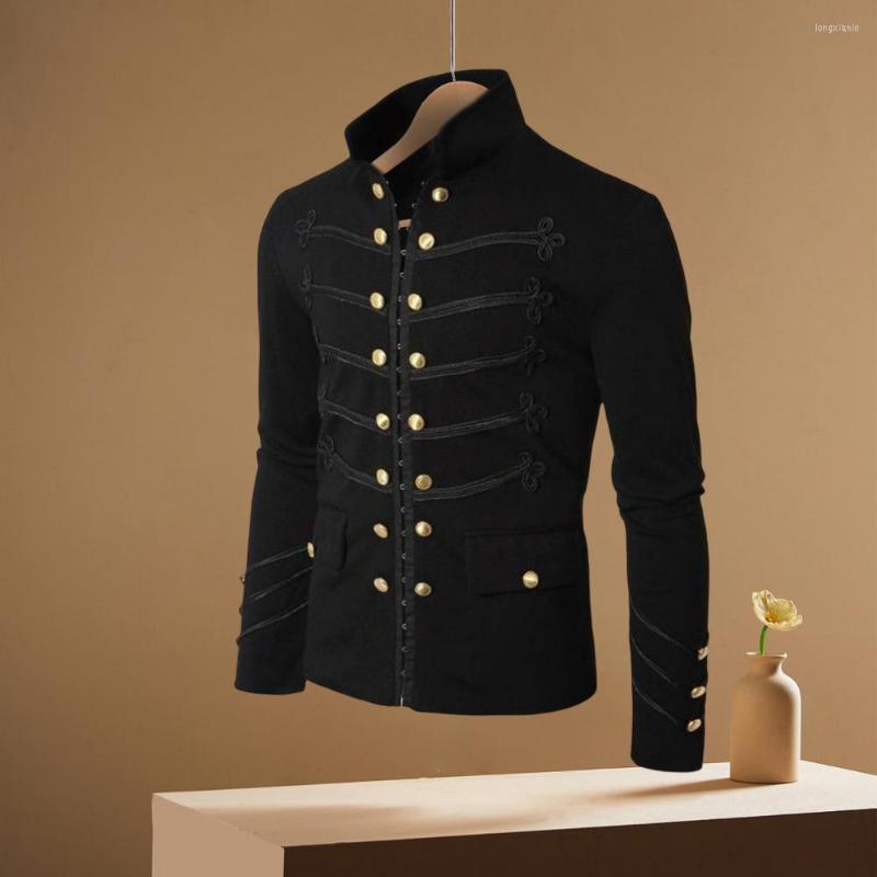 

Men's Jackets Men Gothic Jacket Embroidered Buttons Stand Collar Rock Frock Coat Vintage Solid Color Long Sleeves Punk Slim Fit Outwear, Black