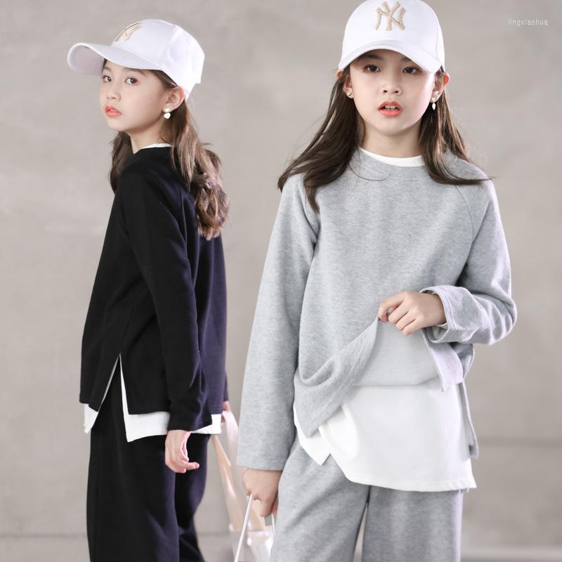 

Clothing Sets Teengae Girls 2022 Autumn Costumes Sweatshirt Wide Leg Pants Kids Sport Suit For Tracksuit Children Clothes, Black