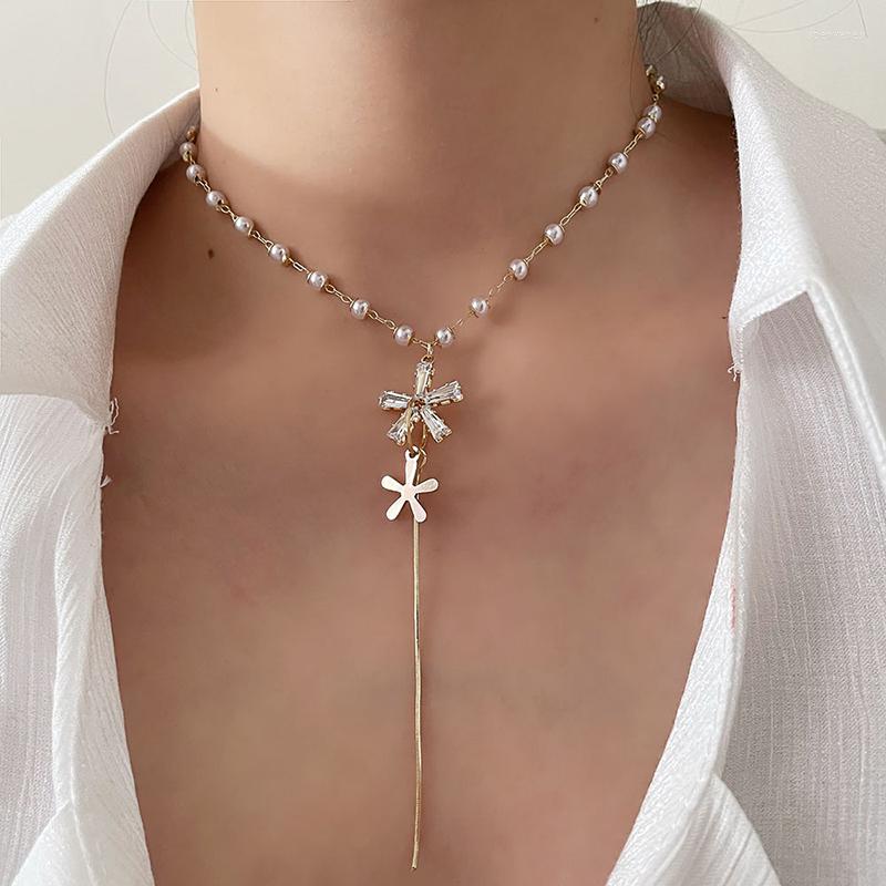

Chains Exquisite CZ Flower Long Tassel Necklace For Women Sweet Zirconia Pendant Clavicle Pearl Choker Wedding Fashion Jewelry Bijoux
