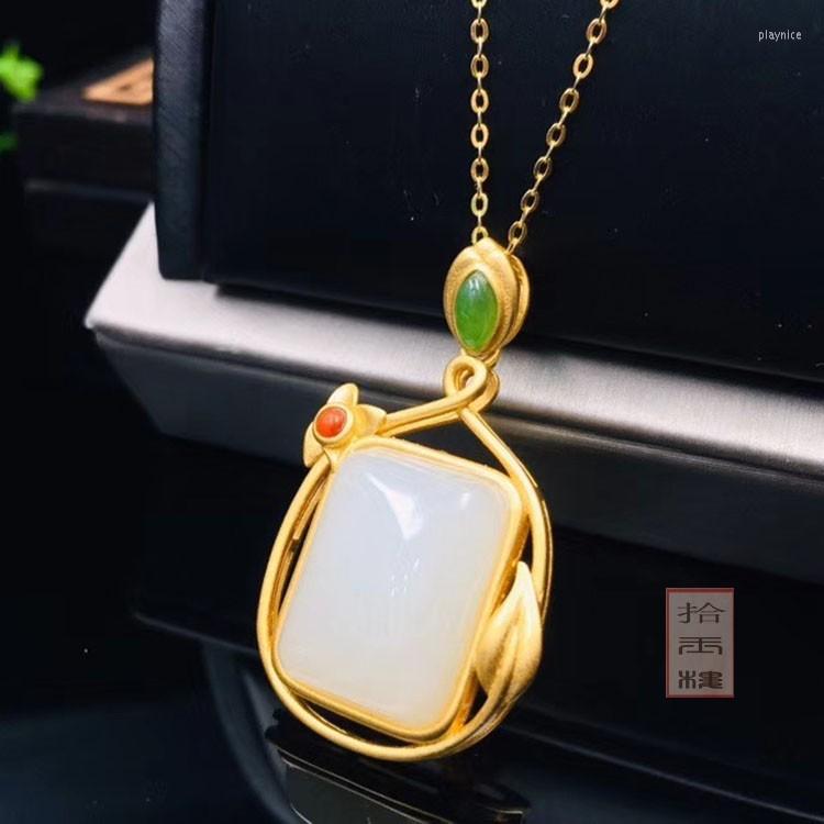

Pendant Necklaces Natural 5A White Jade Flower Necklace With Gufakin Gold 925 Sterling Silver Women Jewelry