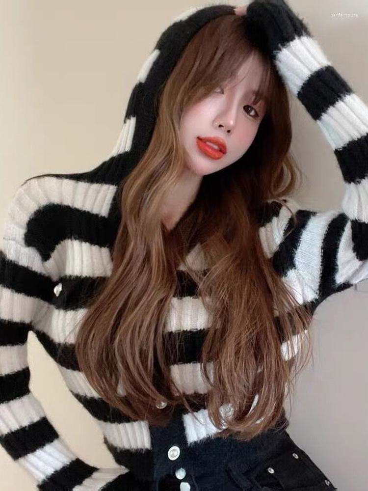 

Women's Knits Woherb Vintage Women Cropped Cardigan Chic Striped Jackets Tops Hooded V-neck Knit Casual Sweater Casacos De Trico Feminino, Black