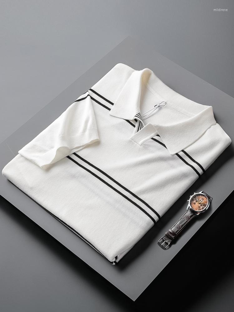 

Men's Polos Summer 2022 Fashion Striped Polo Shirt Men Slim Fit Casual Knitted Homme Short Sleeve Turn Down Collar Business T246, Black