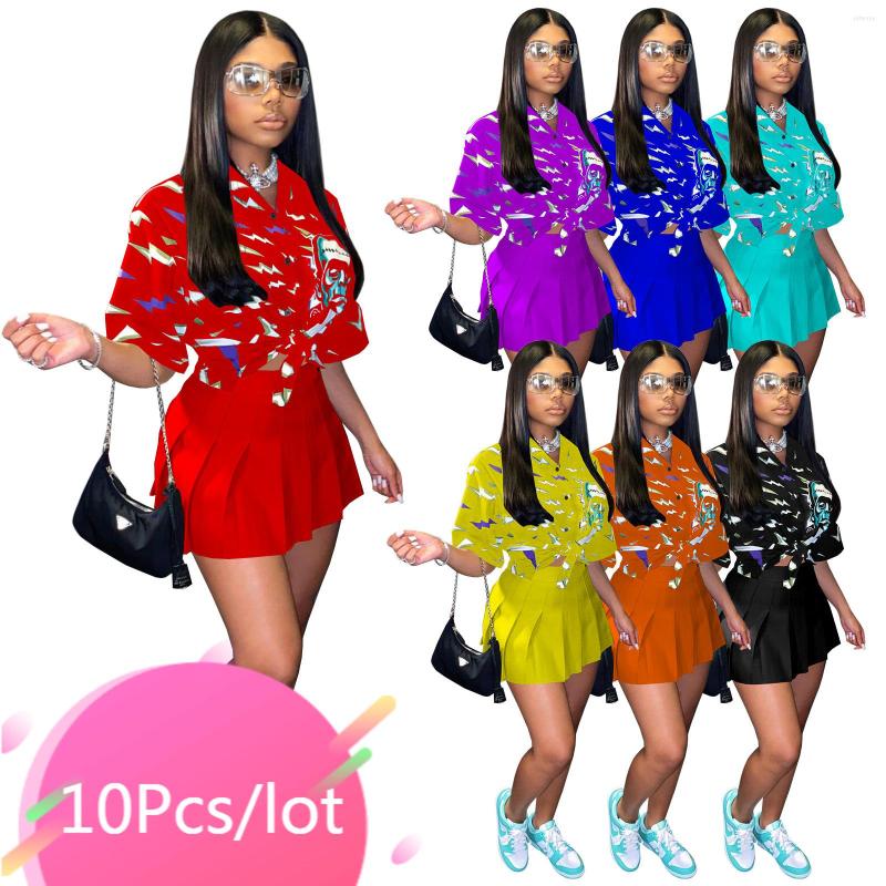 

Work Dresses Bulk Items Wholesale Lots Summer Two Piece Skirt Sets Women Fashion Printed Short Sleeve Shirt And Pleated Mini Y2k Cloth, Black