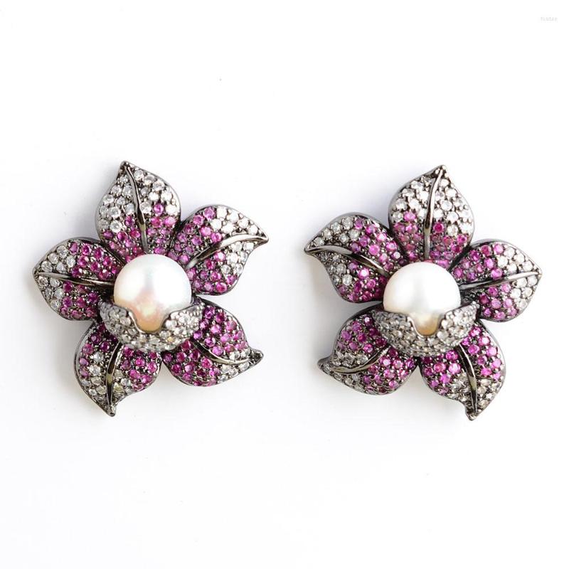 

Dangle Earrings Women's Cz Pave Pearl White Gunmetal Golden Plated Flower