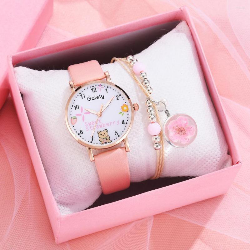 

Wristwatches Bracelet Watch For Women Unique Cartoon Flower Pattern Pink Girls Fashion Leather Ladies Clock