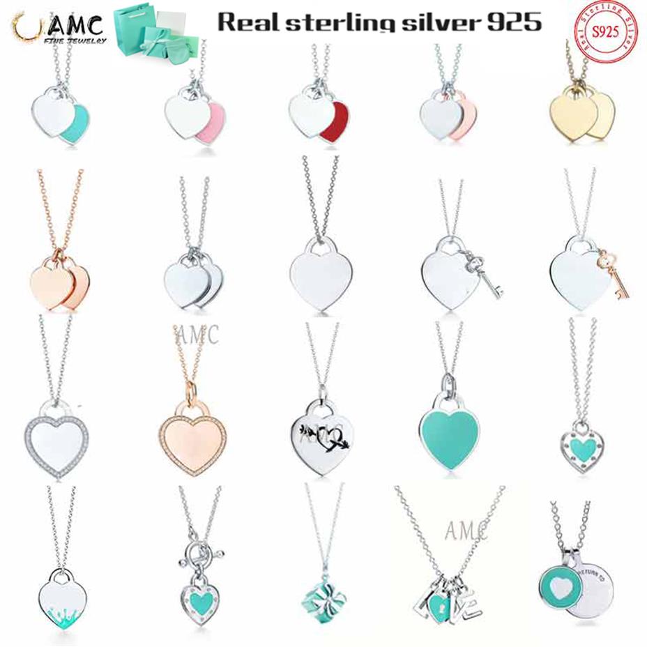 

AMC tiff 925 silver pendant necklace female jewelry Doppio blu cuore exquisite craftsmanship official logo classic blue heart287q