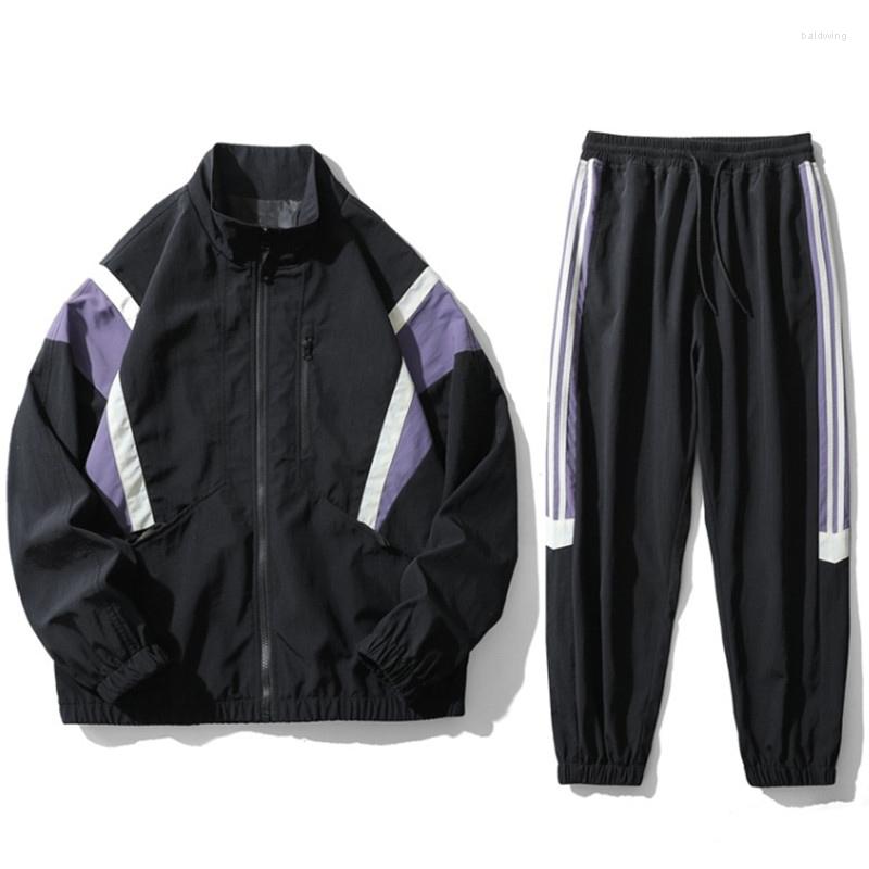 

Men's Jackets Vintage Streetwear Mens Windbreaker Jacket Autumn Casual Patchwork Black Zipper Coat Sportswear Bomber Pants Suits, Jackets-black