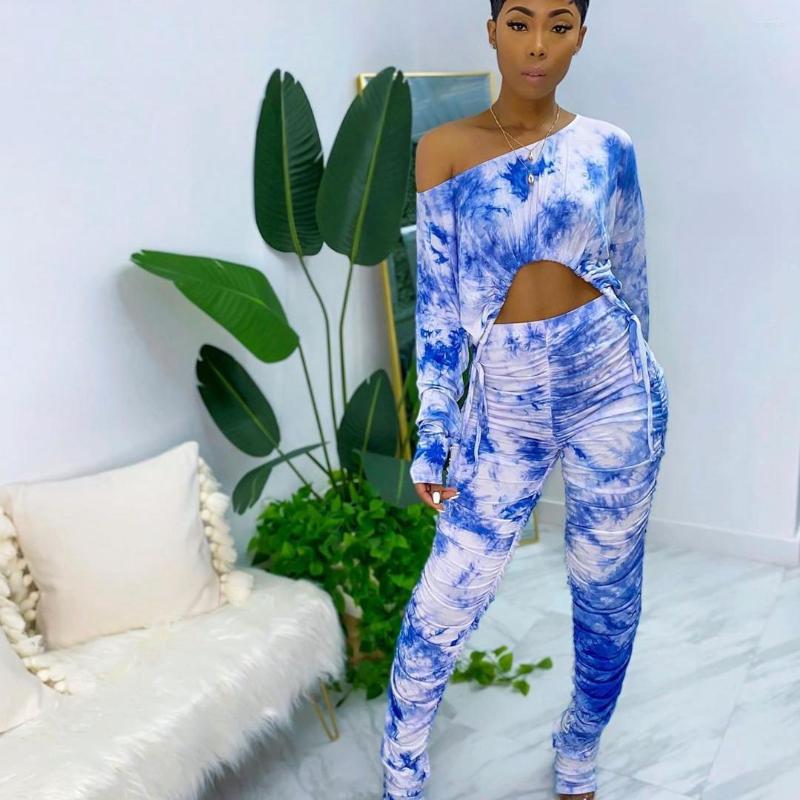 

Women' Two Piece Pants Women' 2 Tie Dye Tracksuit Set One Shoulder Long Sleeve Drawstring Top Ruched Loungewear Outfits Sets, Blue