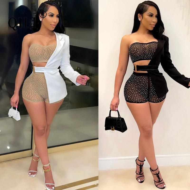 

Women' Tracksuits QILI Women Set Diamonds Mesh 3 Piece Short Sets One Shoulder Sexy Top Shorts Suit Style Matching Outfits, Black