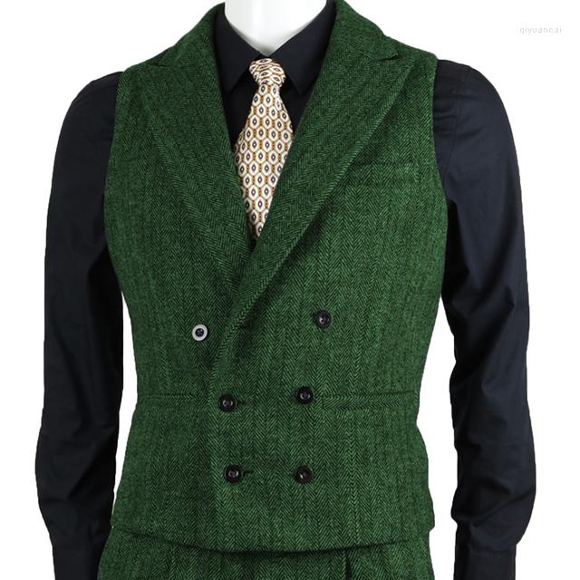 

Men's Suits Vintage Herringbone Tweed Double Breasted Men Vest Only Custom Made Groom Wedding Wear Terno Masculino Slim Fit 1 Pc, Army green