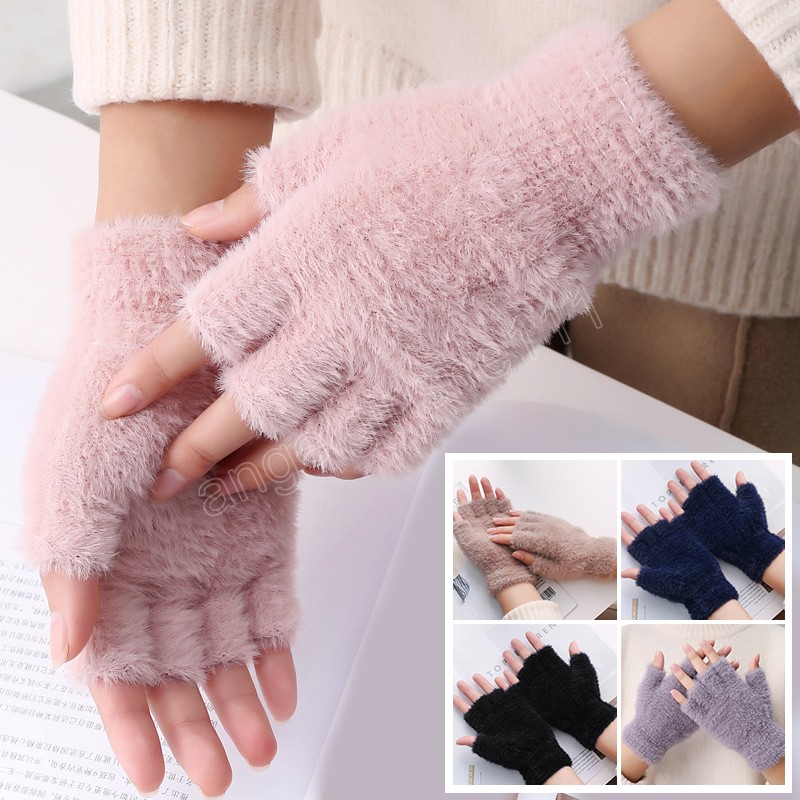 

Outdoor Knitted Mittens Autumn Winter Warm Solid Color Fluffy Plush Fingerless Gloves Stretchy Hand Wrist Arm Warmer
