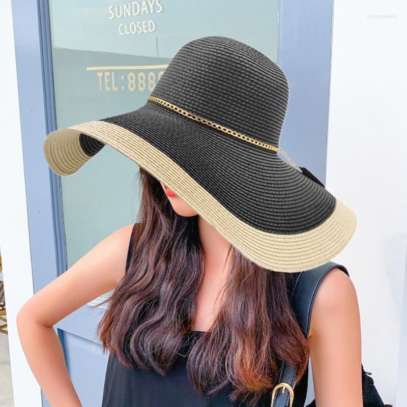 

Berets HT3547 Summer Hat Women Large Wide Brim Beach Lady Patchwork Packable Straw Female Fashion Anti-UV Cap Panama, Black