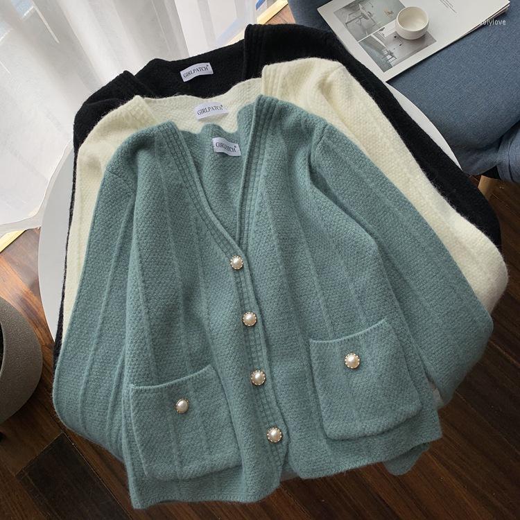 

Women's Knits 2022 Women Autumn Temperament V-Neck Single-Breasted Striped Sweater Refined Pearl Button Solid Color Cardigan, Blue