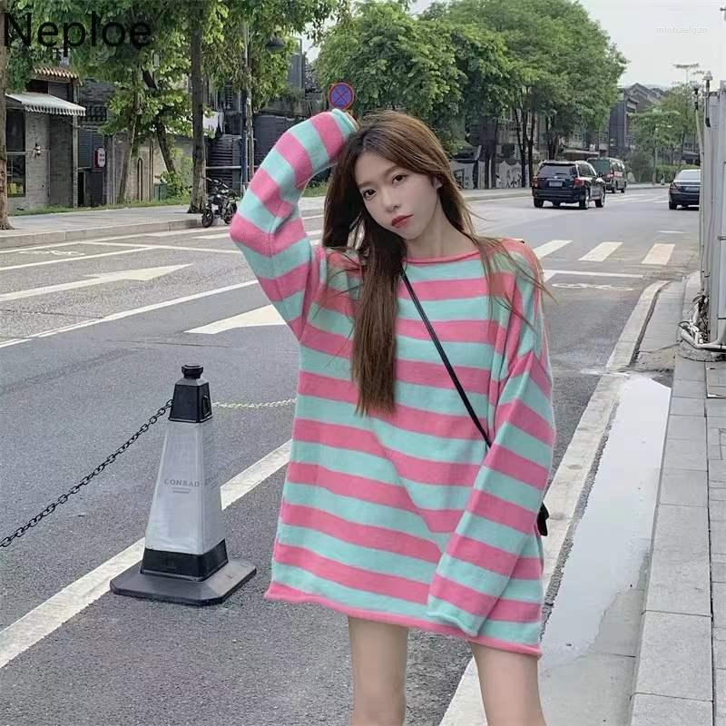 

Women's Sweaters Neploe Oversized Sweater For Women Korean Fashion Striped Pullovers Y2K Tops O-neck Long Sleeve Knit Clothes Woman, Pink green striped