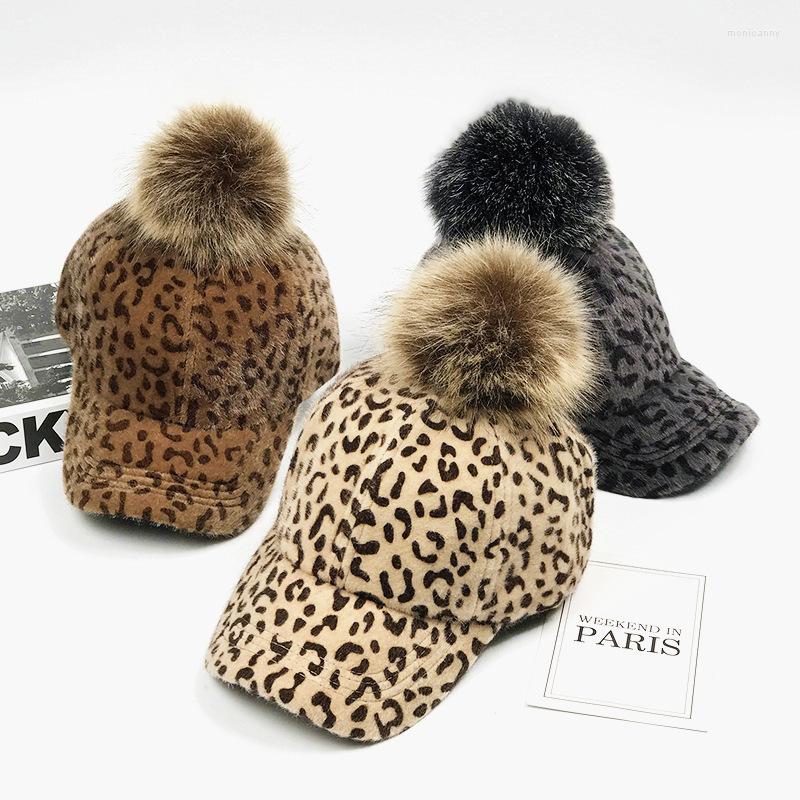 

Ball Caps Woman Girl Leopard Baseball Hat Autumn Winter Mink Hair Snapback Pom Poms Removed Cap Man-Made Fur, Khaki