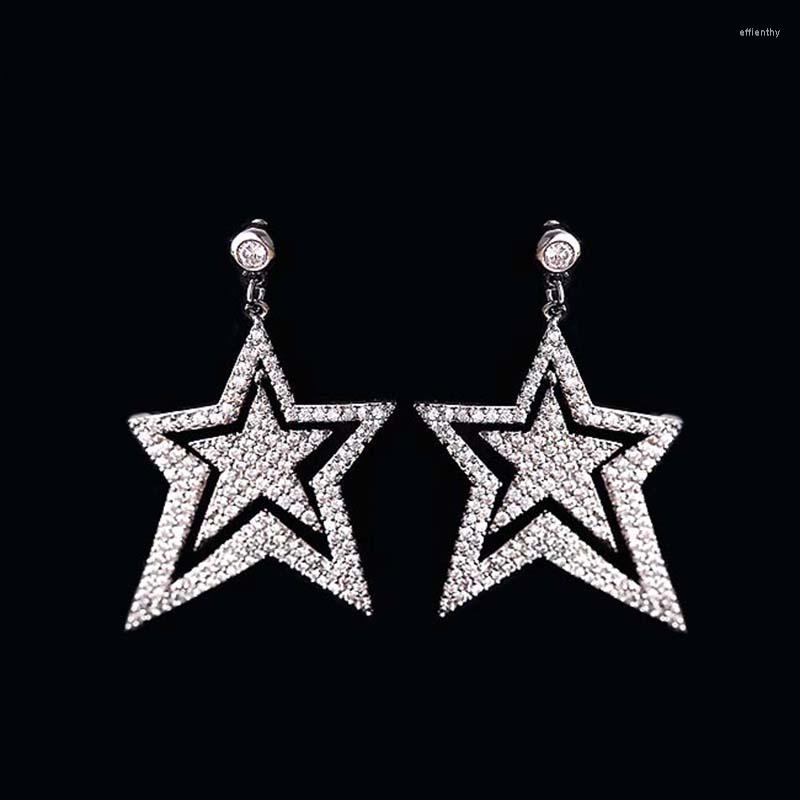 

Dangle Earrings Luxury Twin Pentagram White Gold Plating Big For Women Dense Tiny CZ Diamonds Set Bride Jewelry LD3814-A