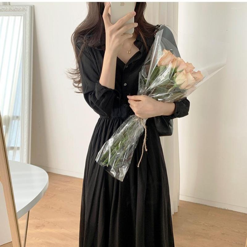 

Casual Dresses 2022 Summer Shirt Dress Evening Female Vintage Party Oversize Long Sleeve Beach Women Robe Vestido Prom Pure, Black