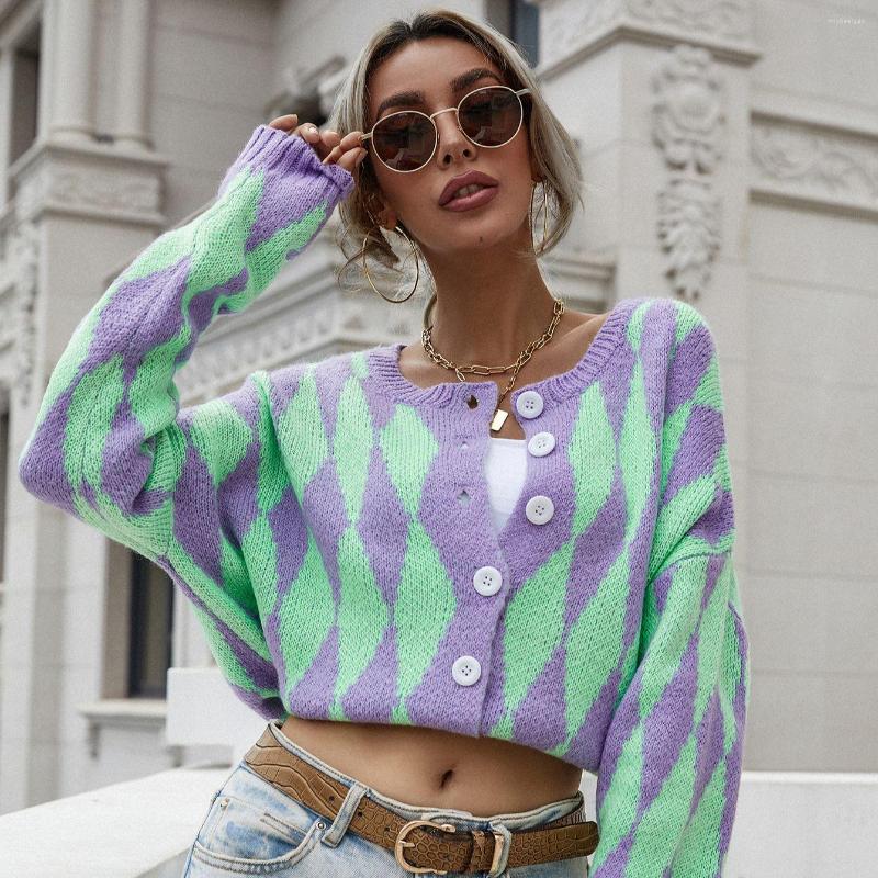 

Women' Knits Argyle Color Contrast O Neck Long Sleeve Sweater Harajuku Oversized Single Breasted Knitted Top Y2K Vintage Women Clothes, Violet