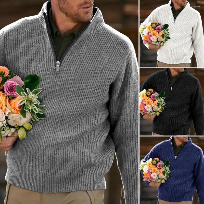 

Men's Sweaters Men Winter Sweater Solid Color Zipper High Collar Knitting Soft Warm Elastic Pullover Autumn For Daily Wear, Black