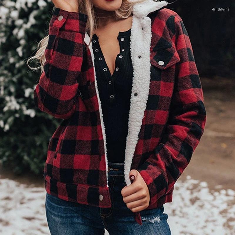

Women' Down Plaid Winter Coat For Women Long Sleeve Jacket Female Parkas Button Casual Coats Woman 2022 Fleece Warm, Gray