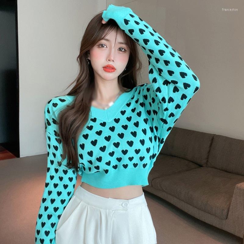 

Women's Sweaters Heart Print Knitted Sweater For Women Loose Fit V-neck Pullover Lightweight Casual Blouses Knitwear Long Sleeve