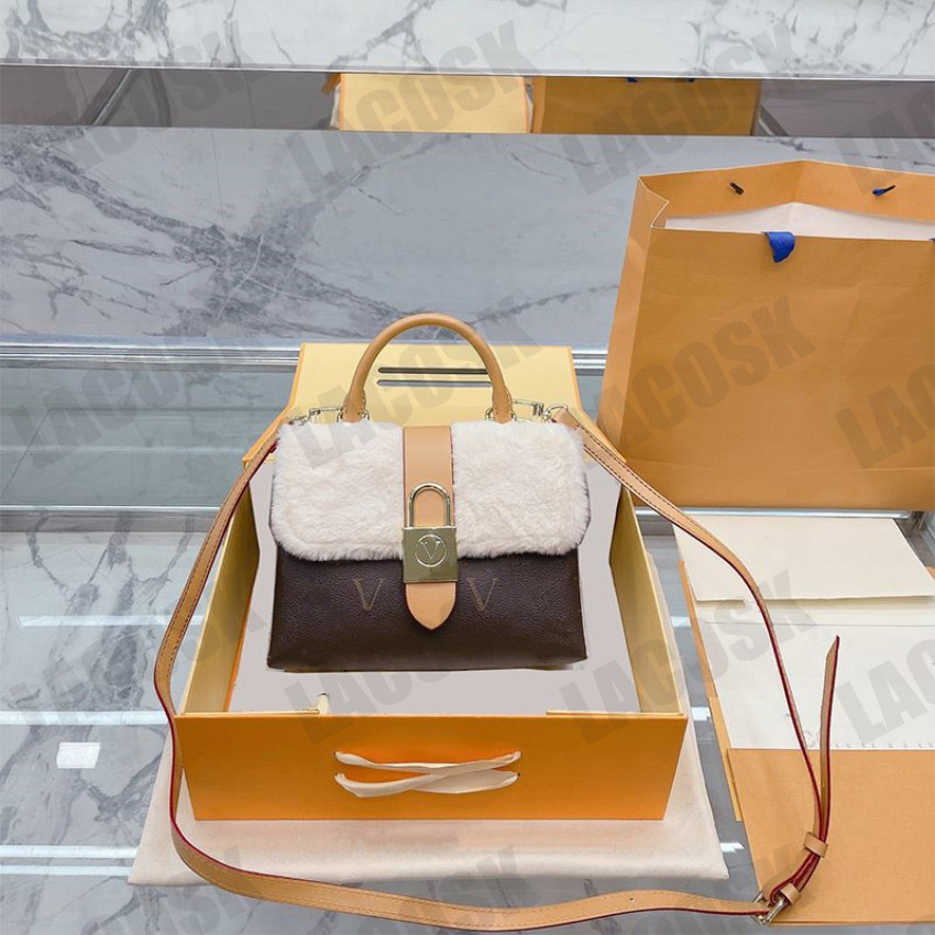 

New Winter Lamb Wool Designer Bags Woman Metal Locks Handbags Mens Messenger Bag Soft Fur with Top Leather, Black