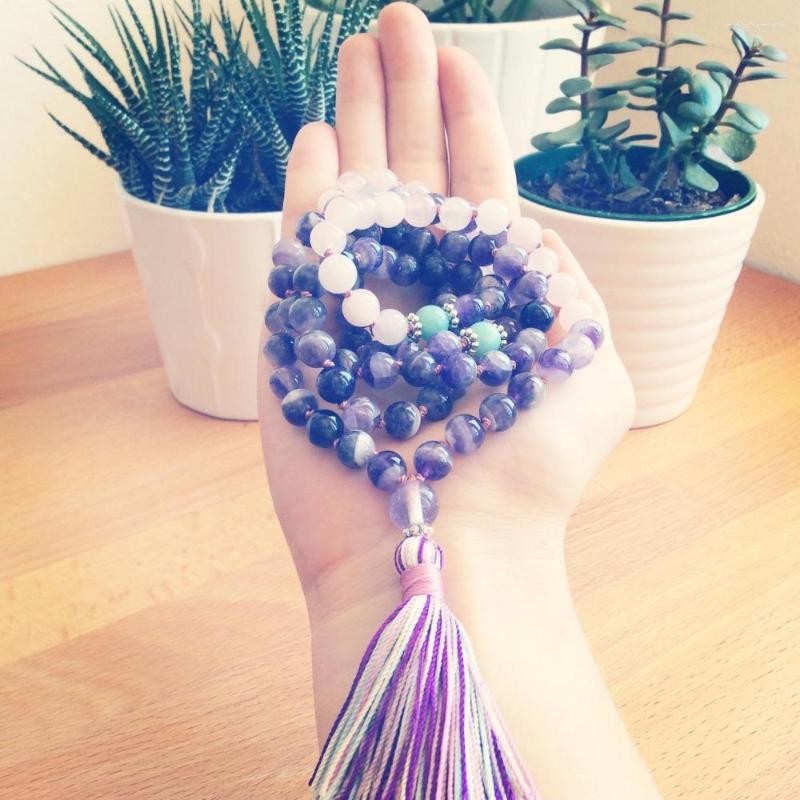 

Pendant Necklaces RoseQuartz And Purple Quartz Necklace 108 Mala Bead Yoga Jewelry Buddhist Prayer Beads Tassel