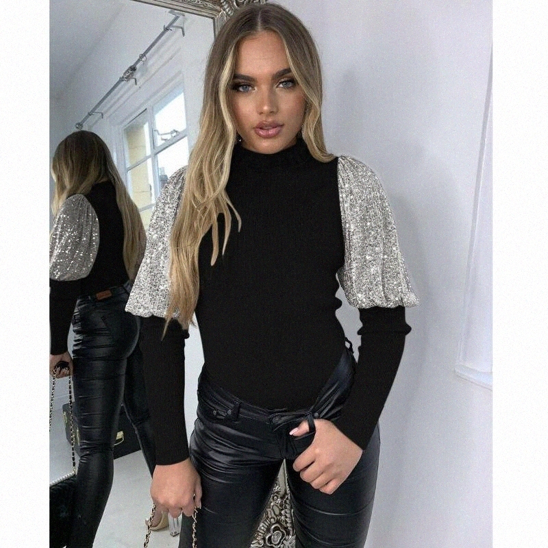 

women Ladies Puff Long Sleeve Tops Pullover Knittedwear Sequined Blouse Spring Autumn Loose Jumper Ribbed Shirt Women' Blouses & Shirts U12L#, Black