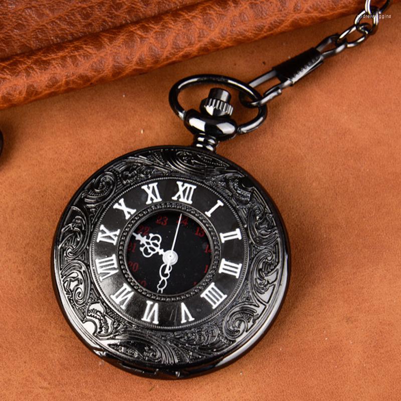 

Pocket Watches Vintage Black Carving Quartz Watch For Men Engraved Case Roman Numeral Fob Chain Pendant Clip Clock Collection Gift, 01