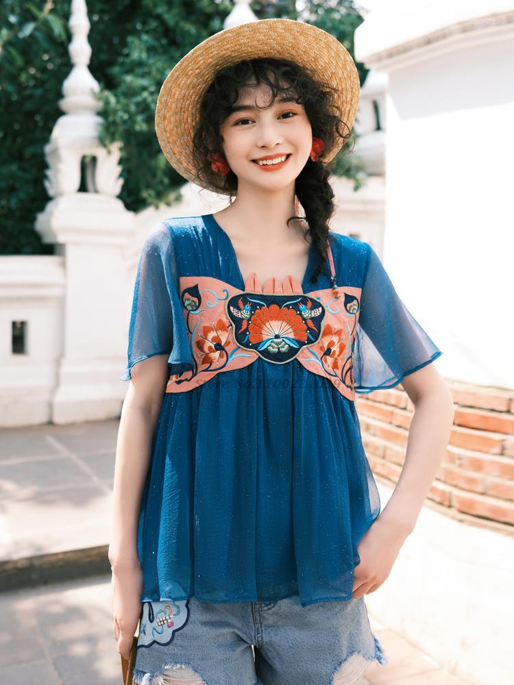 

Ethnic Clothing 2022 Chinese Vintage Blouse National Flower Embroidery Chiffon Retro Hanfu Tops Elegant Oriental Tang Suit