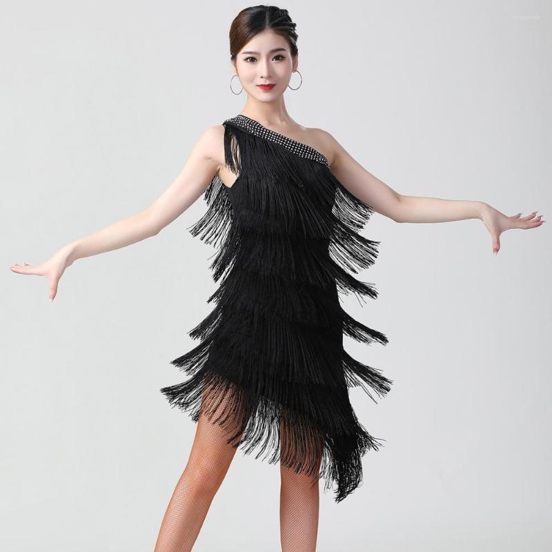 

Stage Wear One Shoulder Tiered Fringe Dress Women 1920s Flapper Charleston Party Costumes Sexy Latin Salsa Rumba Dance