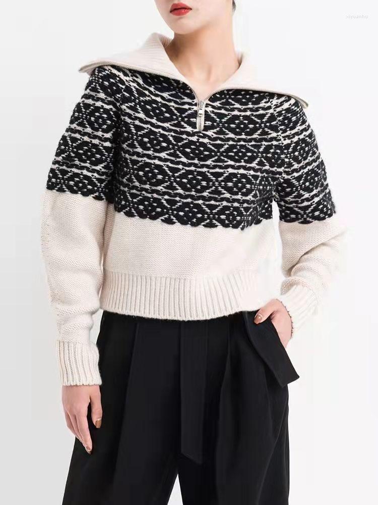 

Women' Sweaters 2022 Autumn And Winter Retro Jacquard Crochet Knit Sweater Fashion Half Zipper Knitwear Pullover Tops Loose