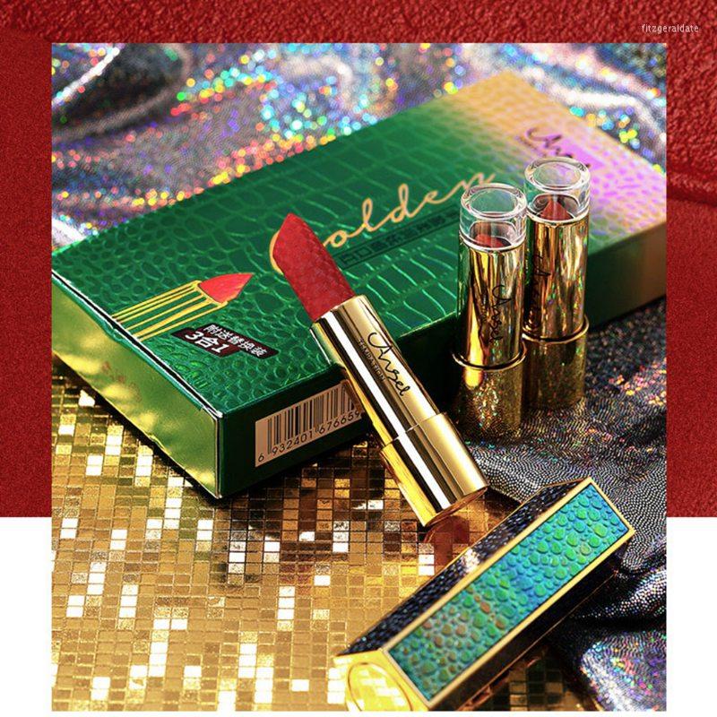 

Lipstick 3Pcs Carved Set Waterproof Non-stick Cup Long Lasting Shimmer Matte Kit Make Up Retro Wind Shine