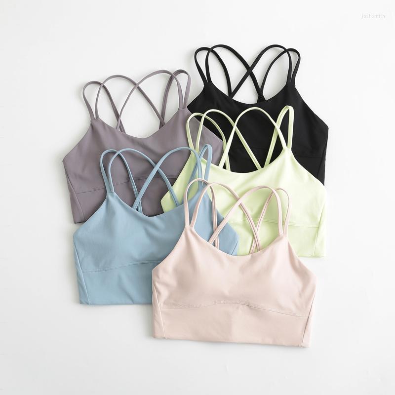 

Yoga Outfit Solid Color Cross Back Fitness Bra Sexy Women Vest Tight Sports Tank Top Gym Running Sling Straps With Removable Chest Pad, Black