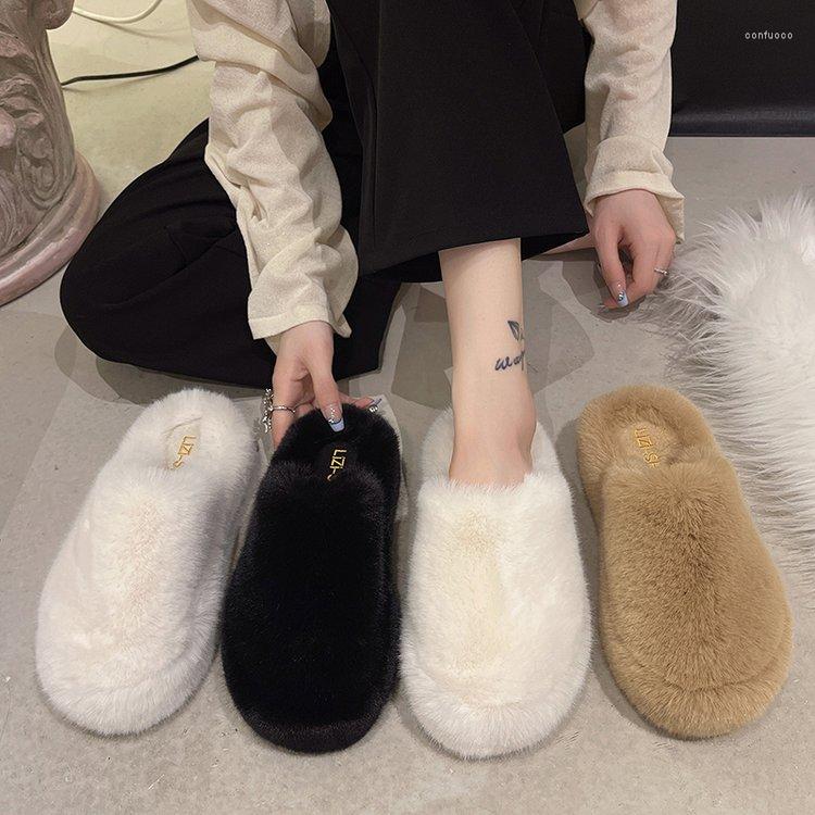 

Slippers Winter Lamb Fleece Women's Baotou Toe Warm Plush Thick-soled Shoes Thick Bottom Furry Mules, Black