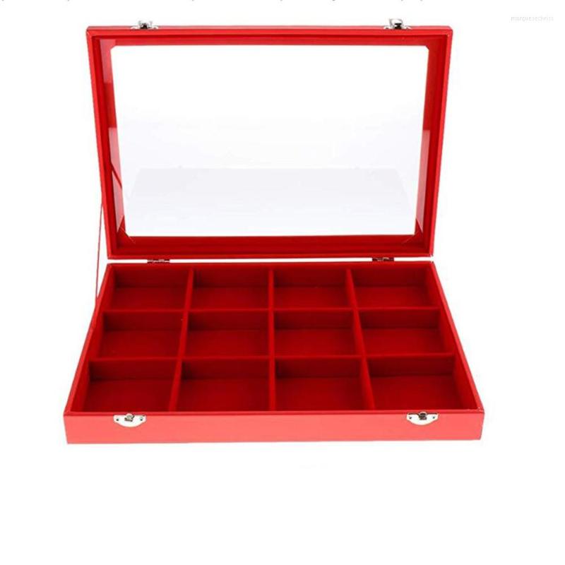 

Jewelry Pouches Velvet 12 Grid Tray Box Removable Display Case Organizer With Glass Lid Lockable Necklace Earrings - Red