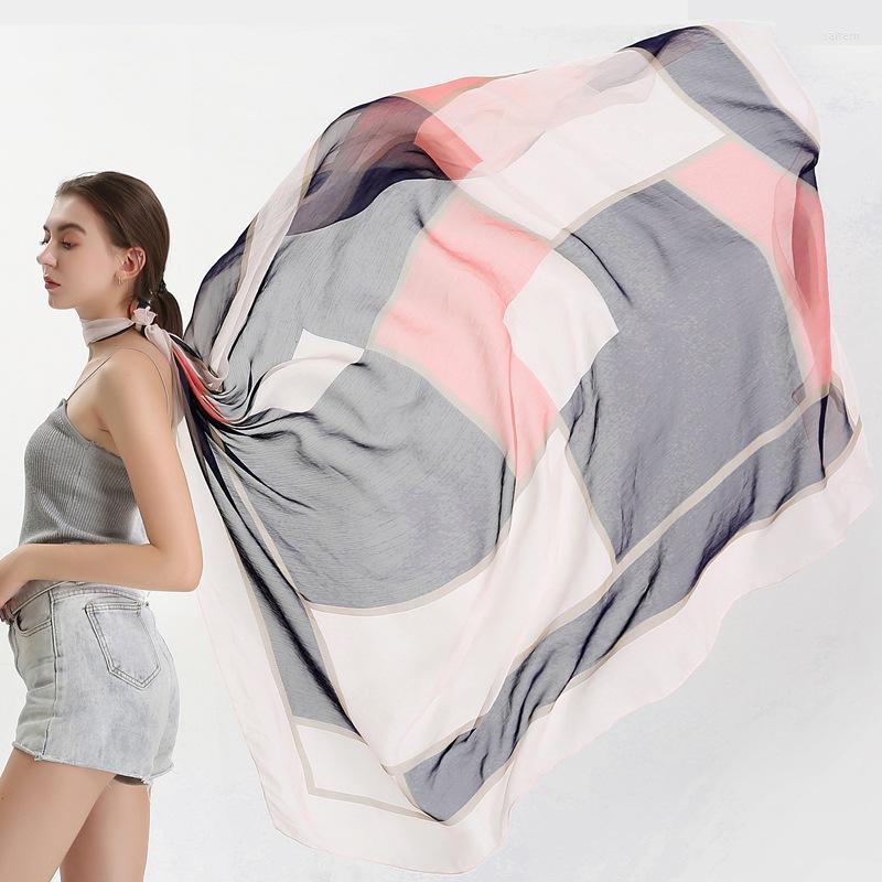 

Scarves Oversize 180 150cm Silk Scarf Fashion Lattice Silky Satin Shawl Scarfs All-Match Chiffon Beach Head Women Bandana