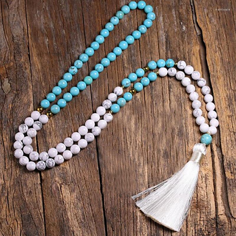 

Chains Natural Stone Mala Necklace With Tassel 8mm White Howlite And Blue Tu Rquoise Knotted Meditation Healing Jewelry