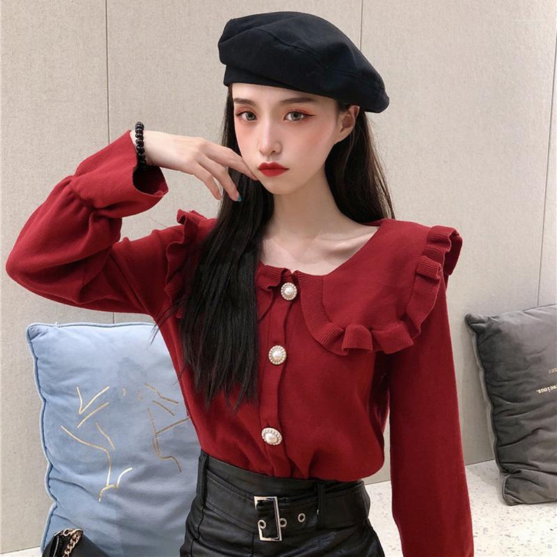

Women's Knits 2022 Spring Slim Doll Collar Knit Solid Color Single Breasted Cardigan Women Wild Trumpet Long Sleeve Sweater FemaleW915, Black