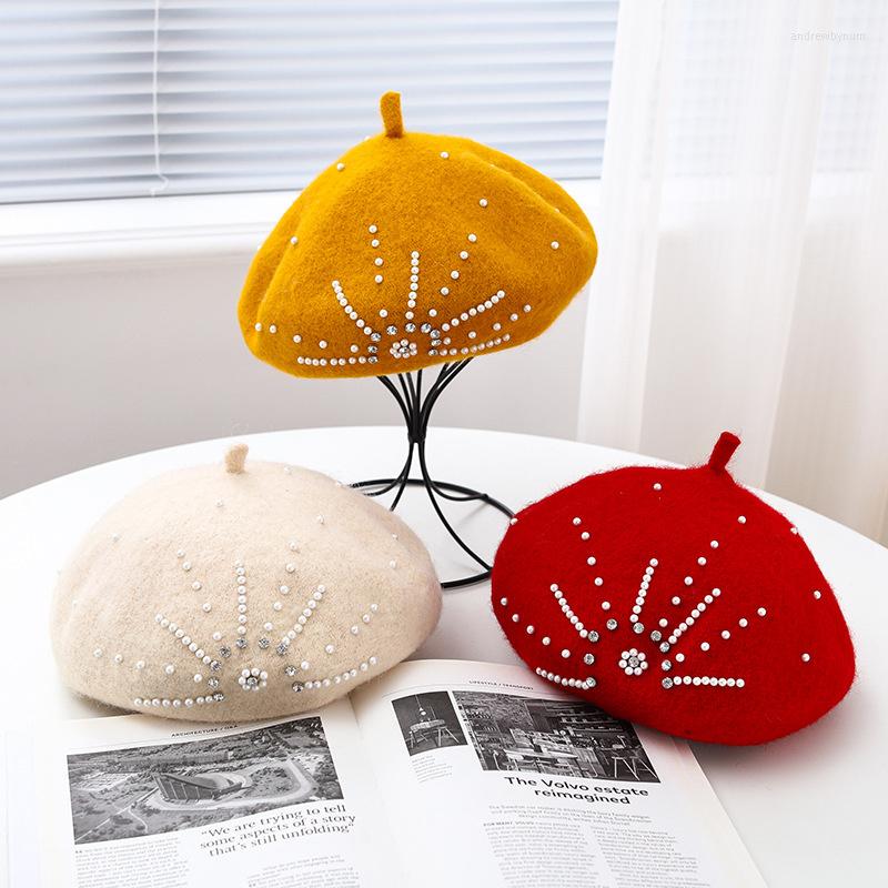 

Berets Winter Wool Beret With Rhinestone Pearls Beads Female Cap Autumn Spring Hat Solid Color Top Quality Women Boina, Black