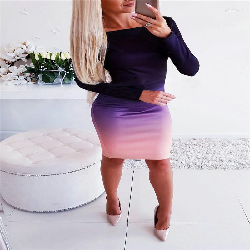 

Casual Dresses Women Elegant Gradient Print Dress Long Sleeve Ladies Stretch Bodycon Plain Office Pencil Tunic Mini OL Clothes, As the photo show