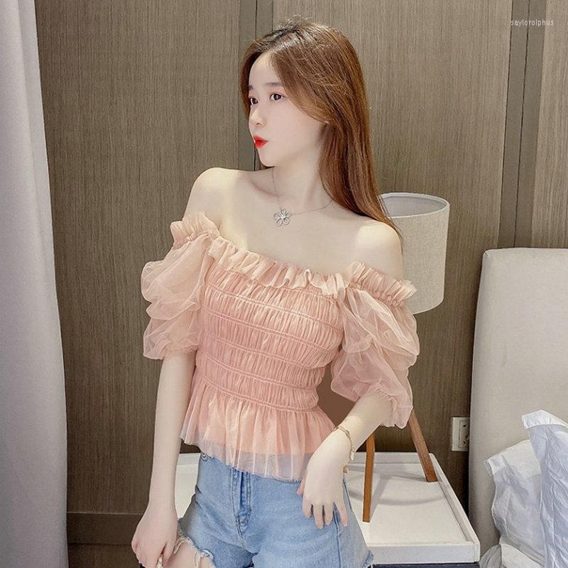 

Women's Blouses Women Summer Puff Sleeve Slash Neck Basic Ruffle Lace Shirt Casual Lady Elastic Slim Waist Pullover Gauze Mesh Voile Blouse, Women shirts