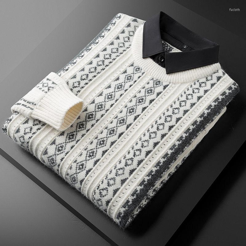 

Men's Sweaters Men Fleece Shirt-Collar Sweater 2022 Autumn Winter Fashion Striped Solid Thicken Warm Male Velvet G79, White