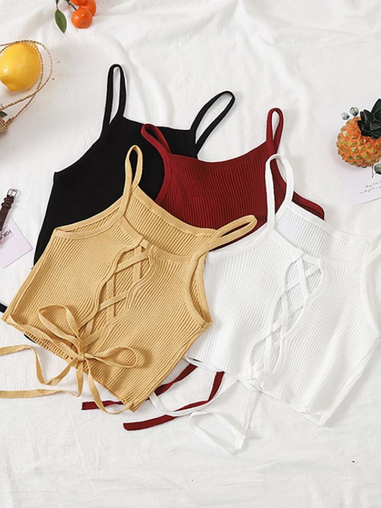 

Women's Tanks Women Crop Top Knitted Bandage Tops Spaghetti Club Camis Halter Tank Female Bare Midriff Solid Camisole 2022 Summer, Black