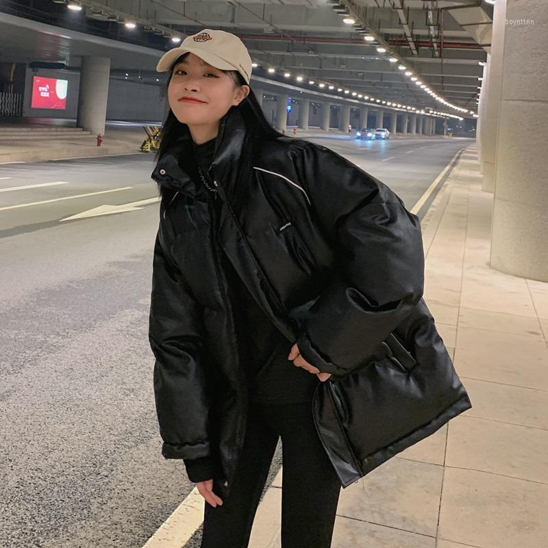 

Women' Down Style PU Leather Cotton Clothes Winter 2022 Korean Bread Thickened Black Ins Padded Jacket, See chart