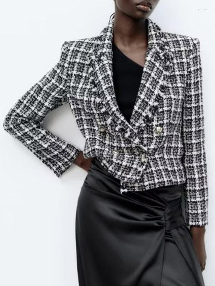 

Women's Suits Kumsvag 2022 Autumn Women Plaid Short Blazers Coats Suit Casual Veins Double Breasted Female Elegant Street Blazer Outerwear