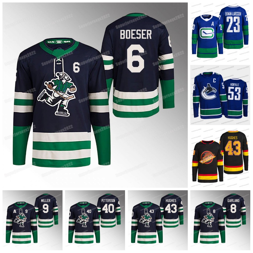 

23 Oliver Ekman-Larsson 2022-23 Reverse Retro Jersey J.T. Miller Quinn Hughes Elias Pettersson Bo Horvat Conor Garland Brock Boeser Tanner Pearson Vasily Podkolzin, Away jersey mens s-xxxl