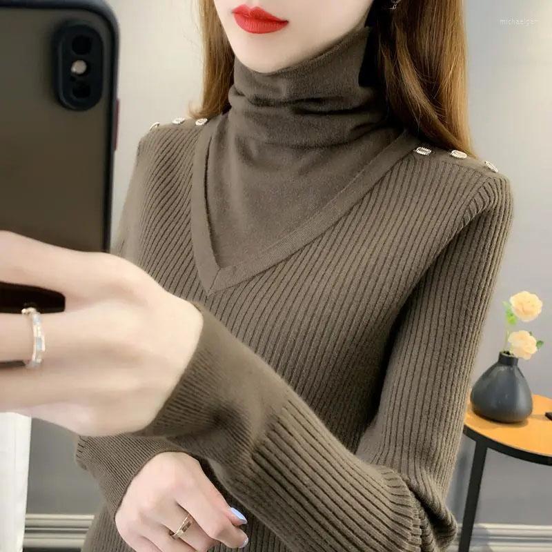 

Women's Sweaters Lucyever Warm Button Turtleneck Sweater Women 2022 Spring Patchwork Knitted Pullovers Solid Slim Fit Basic Bottoming, Black